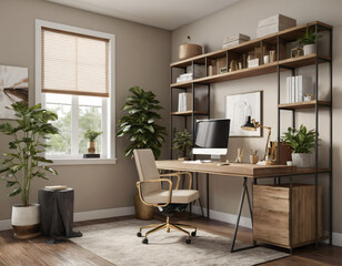  a high-quality 3D render of a stylish and functional home office. Incorporate a sleek desk, an ergonomic chair, and ample storage solutions like shelves and cabinets