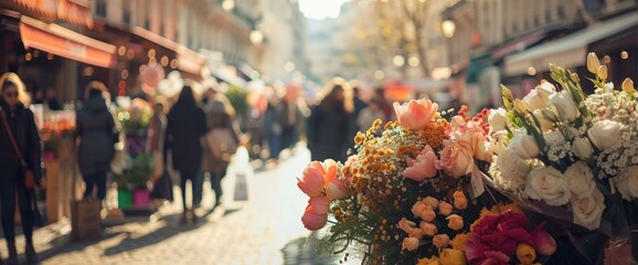 Parisian Street Market With Vendors, Flower Stalls, Bustling Crowds, Romantic Ambiance, Impressionistic Style, Vibrant Pastel Palette, Soft Sunlight