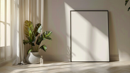 A photo in a white frame stands next to a window and a potted plant.