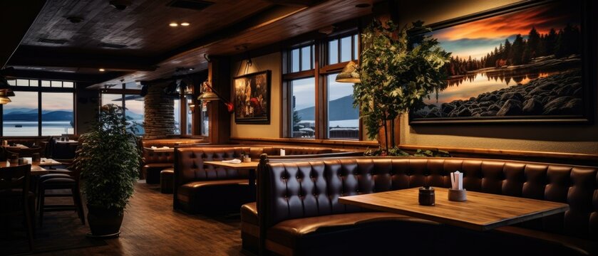 Luxurious restaurant interior with a beautiful lake view. AI.