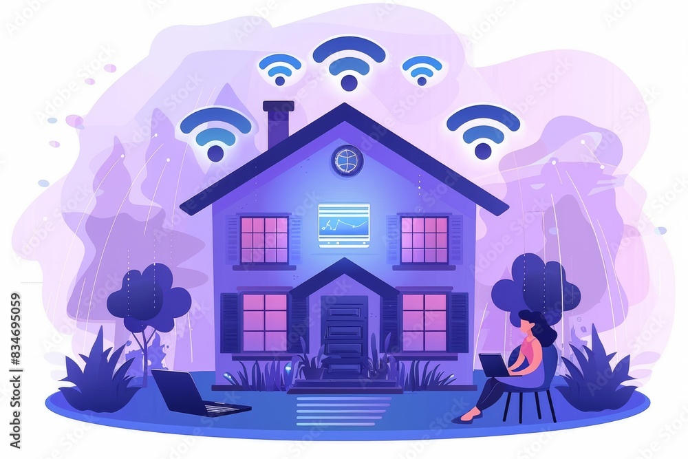 Poster illustration of a smart home with multiple connected devices, highlighting digital connectivity and 