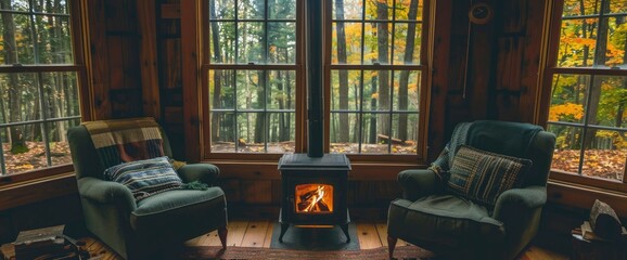 Rustic Cabin In The Woods With Forest View, Cozy Interior, Serene Mood, Rustic Hand-Drawn Style, Earthy Browns And Greens, Warm Firelight