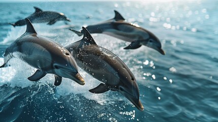 A group of dolphins jumping out of the water. AI.