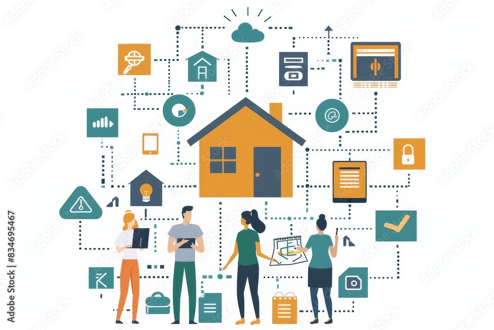 Poster illustration of a smart home network with multiple connected devices, highlighting technology integr
