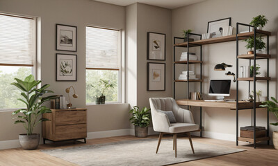 Fototapeta premium a high-quality 3D render of a stylish and functional home office. Incorporate a sleek desk, an ergonomic chair, and ample storage solutions like shelves and cabinets