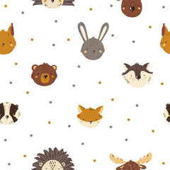Seamless pattern. Vector illustration with forest animals. Raccoon. Baby animals. Large set for clipart. Set of animals in cartoon style on a white background.