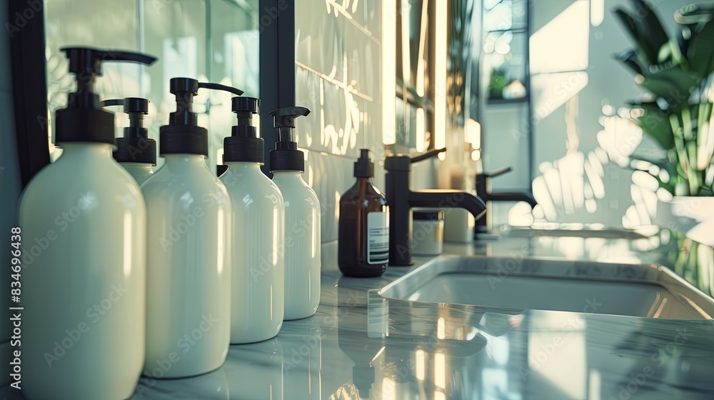 Poster luxurious, clean bottles of shampoo and conditioner in a bathroom setting. generative ai