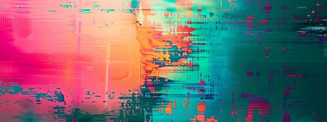 Screen damage. Digital glitch error. Colorful glow on teal blue background