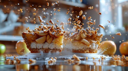  A few desserts adorn a frosted table, topped with nuts and various embellishments Apples rest in the backdrop