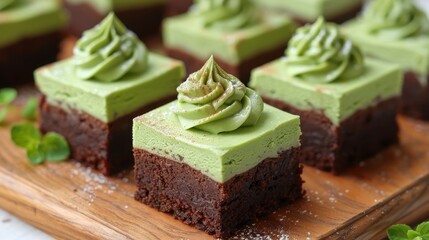  A wooden cutting board holds brownies, each topped with green frosting and garnished with green leafy leaves