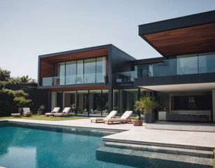 Una villa moderna con pareti in vetro si affaccia su una piscina a sfioro, creando un effetto di continuità con il paesaggio circostante.
