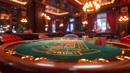 Close-up of a luxurious casino roulette table with chips, set in an opulent gaming room with elegant decor and lighting.
