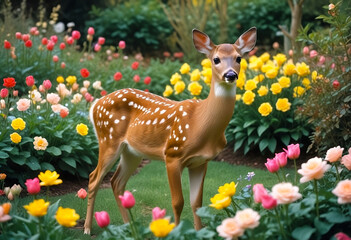 baby deer in the flower garden