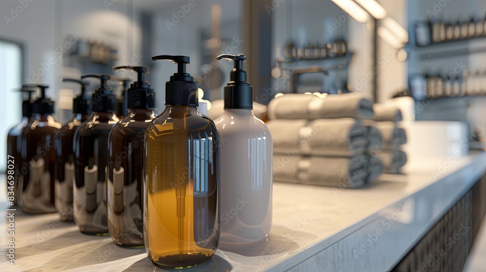 Poster A row of elegant shampoo and conditioner bottles sit on a bathroom counter. Generative AI