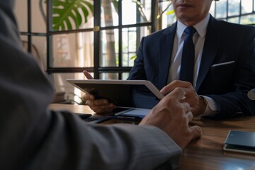 The professional salesman in a suit, holding a tablet, sitting at a table talking to customers, is a successful business idea. The businesswoman is making a sales pitch. Car sales manager