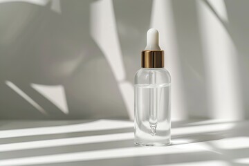 Natural oil cosmetics. Dropper glass Bottle Mock-Up. Oily cosmetic pipette. Face and body treatment. Spa concept. Mineral organic liquid. Front view. Beauty products. Blank packaging gel, white table