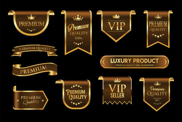 Golden luxury labels and badges premium quality certificate ribbons vector illustration 