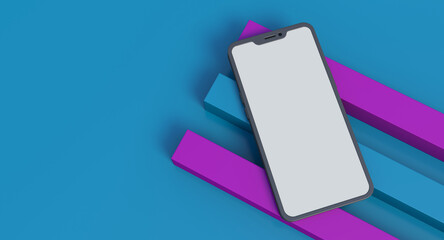 Cell phone with a blank screen. Smartphone on blue and purple background. Space for writing area. Top view angled 3D rendering.