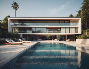 Fototapeta premium La casa contemporanea con tetto inclinato ha una piscina con bordo in pietra lavica, creando un effetto naturale e armonioso. 