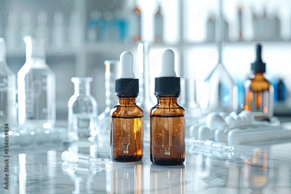 Aufkleber two amber glass bottles with droppers are in focus on a clean, white countertop. out of focus in the