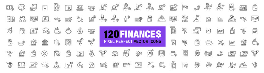 120 Money and finances related icons. Banking, stock trading, cryptocurrency and others. Pixel perfect, editable stroke vector icons