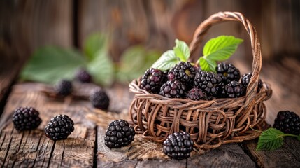 Organic blackberries in a basket on a vintage wooden surface