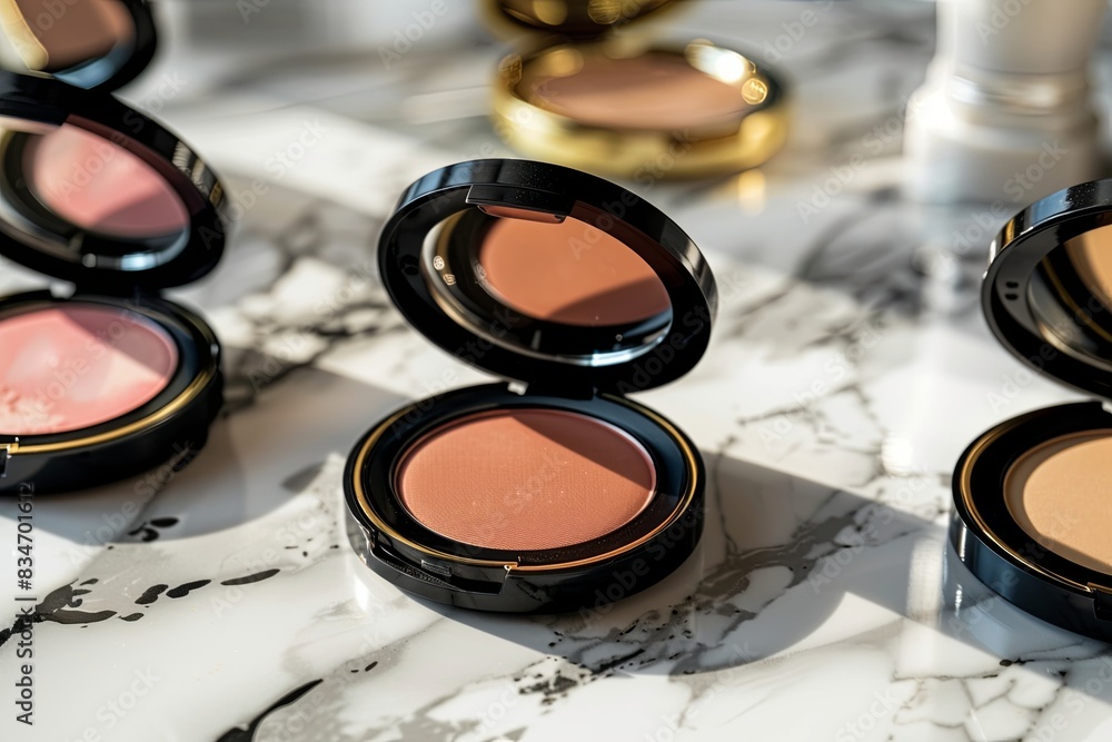 Poster compact cases containing powder and blush, displayed on a marble surface. generative ai