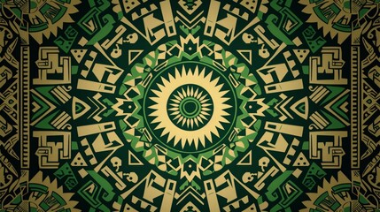 seamless pattern of an Aztec design pattern, light green , Kelly green and forest green colors