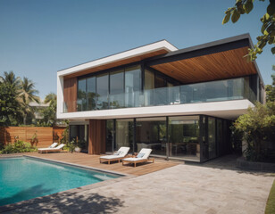 Fototapeta premium Una residenza moderna con tetto verde si affaccia su una piscina ecologica, integrata perfettamente nel paesaggio. 