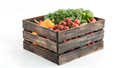 wooden box with vegtables isolated on white background