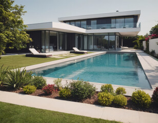 La casa moderna ha una piscina con jacuzzi integrata, ideale per momenti di relax e benessere.
