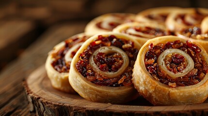  A tight shot of a full plate, featuring a cinnamon roll prominently in the center, surrounded by additional pastries