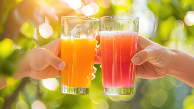 A natural close-up photo of two hands holding juice glasses, clinking them together with fresh, colorful juices inside, set against a bright, summery background