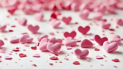 pink rose petals background with hearts .