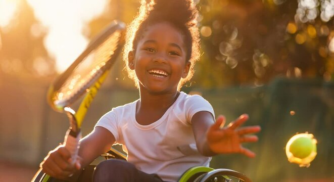 Young black smiling child smiling sitting in a wheelchair. Disabled girl holding a tennis racket hitting a ball. Disability in compeititive sport. Diversity and inclusion in sport representation. 