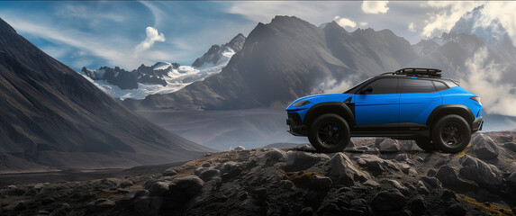 Blue sports SUV half side view with ample copy space on rugged terrain background for adventure vehicle promotions
