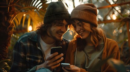 Obraz premium Young couple enjoying together and using smartphone