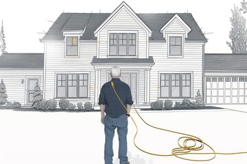 Man in winter overseeing a large traditional home, representing stability and legacy in real estate.