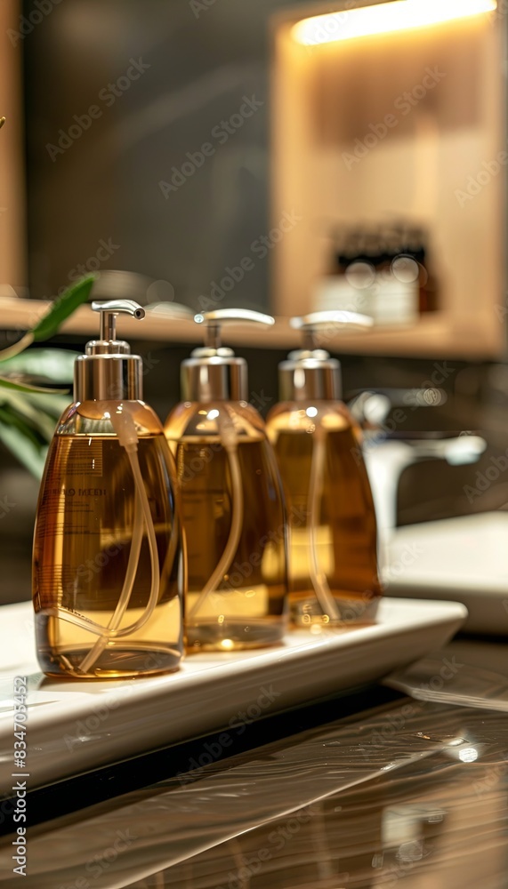 Aufkleber three stylish bottles of shampoo and conditioner in a modern bathroom setting. generative ai