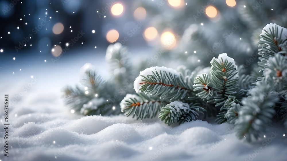 Poster beautiful winter background image of frosted spruce branches and small drifts of pure snow with boke