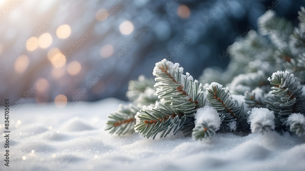 Poster beautiful winter background image of frosted spruce branches and small drifts of pure snow with boke