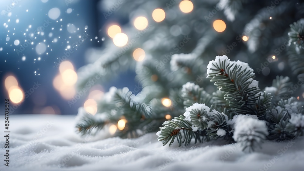 Poster beautiful winter background image of frosted spruce branches and small drifts of pure snow with boke