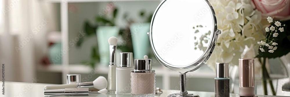 Poster a tabletop vanity mirror with a silver frame is positioned on a white surface, surrounded by cosmeti