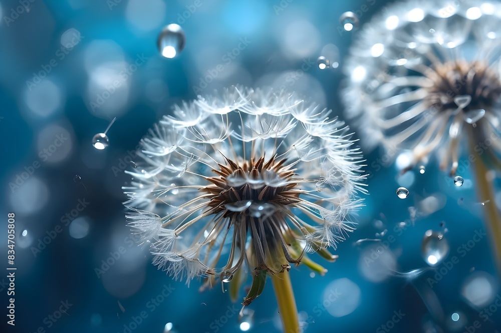 Poster dandelion seeds in droplets of water on blue and turquoise beautiful background with soft focus in n