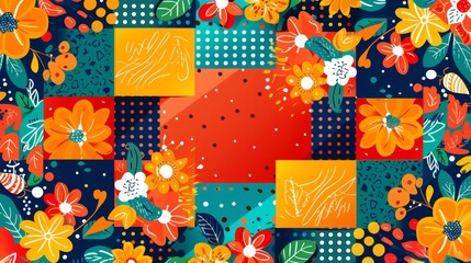  A checked background of blue and orange, adorned with a floral and leafy pattern Centralized, two red squares are positioned - one at the image's heart and another