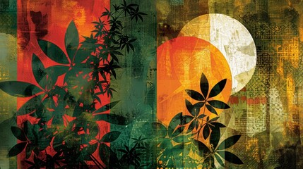  A painting of a plant with a half moon in the background, featuring a grunge effect on the leaves In the foreground, a half sun appears