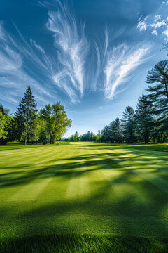 Wide angle view of a golf course with trees in the background 