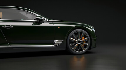 Naklejka premium Half of a green luxury coupe from the front right side with copy space for text on a plain black background for high-end vehicle ads.
