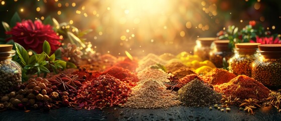 Close-up of pile of colorful spice powder with dramatic light from above. Dried powdered spices for cooking, Oriental cooking spice themed wallpaper