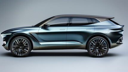 Fototapeta premium Half of a metallic blue luxury SUV from the front left side with copy space for text on a plain white background for premium vehicle ads.